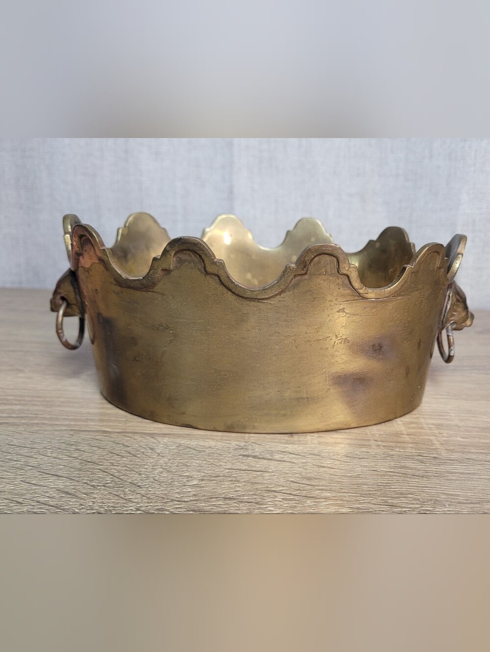 Vintage Scalloped Brass Crown Cachepot / Planter with Lion Head Handles